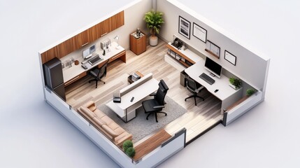 7.Isometric view of a manager room, office space, working room, 3D rendering