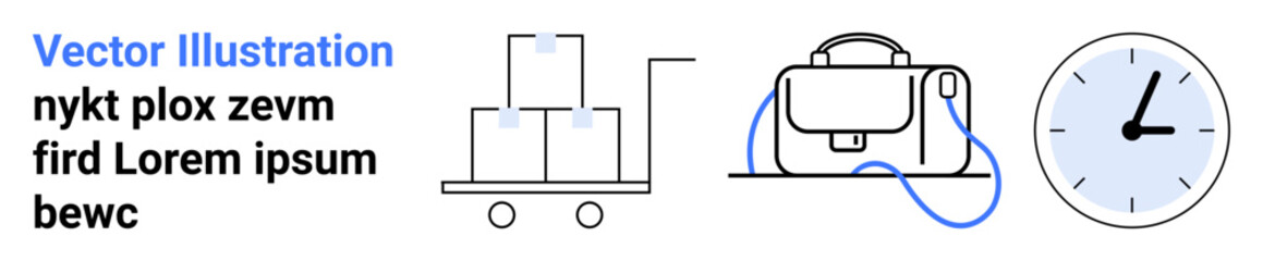 Warehouse cart with boxes, briefcase, and clock indicating time. Ideal for logistics, business planning, time management, shipping, office work, productivity tools. Landing page