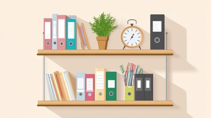 38.A well-organized wooden shelf holding neatly stacked files, a small potted plant, a desk clock, and office supplies like pens and paperclips, displayed against a neutral background.