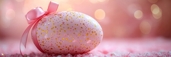 Fototapeta premium Pink Easter Egg with Golden Glitter and Pink Ribbon, Festive Spring Decoration