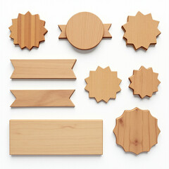 A collection of wooden labels and decorative elements featuring various shapes and sizes, ideal for crafts or design projects.