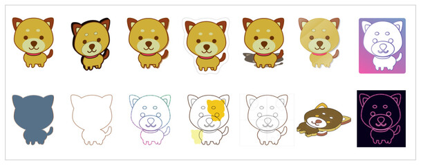 日本の犬　柴犬のアイコンイラスト14種のバリエーション素材
