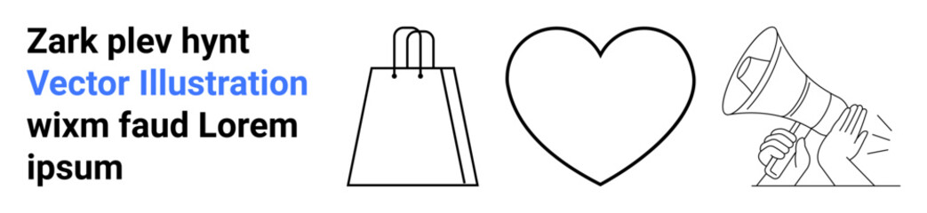 Shopping bag, heart, and megaphone icons symbolize e-commerce, customer satisfaction, and marketing. Ideal for digital marketing, social media strategy, customer feedback, retail trends online