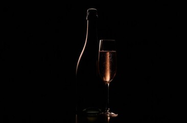 Champagne bottle and wine glass with transparent bubbles, black background, low key photo, high-end concept for a luxury holiday, curves, silhouette, close-up shape of the bottle and wine glass