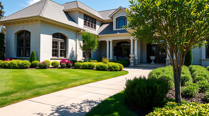 Luxury House Exterior: Dream Home with Landscaped Garden and Stone Pathway