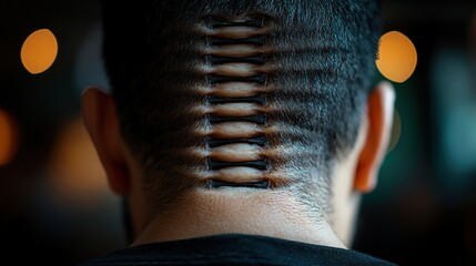 Intricate Hair Design Resembling Stitches on the Nape of a Man's Neck