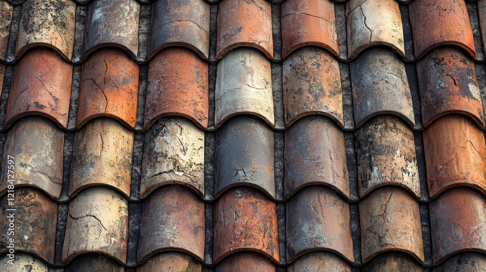 Poster Rustic terracotta roof tiles are arranged seamlessly, creating a mesmerizing pattern that highlights their earthy tones and unique textures under gentle sunlight