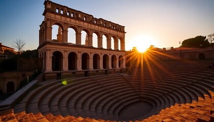Ancient Roman amphitheater sunset backdrop