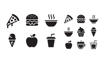 Food Icon Set Pizza, Burger, Soup, Ice Cream, Apple, Cupcake, Coffee, and Drinks Silhouettes