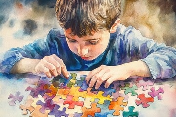 Watercolor Illustration of a Young Boy Engaged with a Colorful Jigsaw Puzzle, Symbolizing Problem-Solving and Learning, with an Emphasis on ADHD and Autism Awareness
