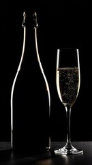Champagne bottle and wine glass with transparent bubbles, black background,low key vertical photo,high-end concept for a luxury holiday, silhouette, close-up shape of the bottle and wine glass