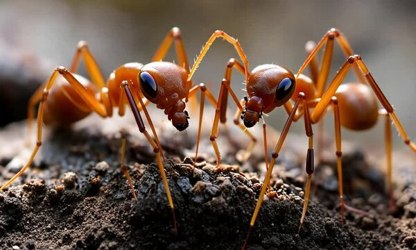 Close-up of two red ants facing each other on a dark surface