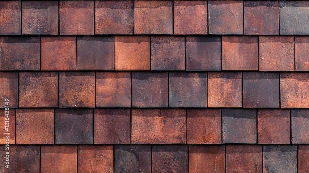 Poster terracotta roof tiles are skillfully arranged, revealing a beautiful array of earthy colors and text
