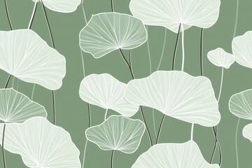 Obraz premium Padrão contínuo (seamless pattern) de folhas estilizadas em tons de verde com linhas delicadas em branco, criado com IA generativa. 