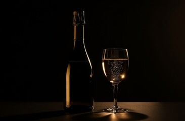 Champagne bottle and wine glass with transparent bubbles, black background, low key photo, high-end concept for a luxury holiday, curves, silhouette, close-up shape of the bottle and wine glass