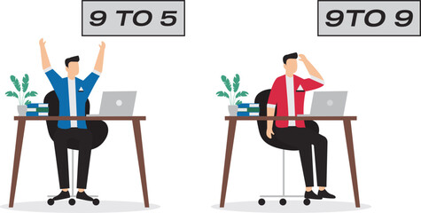 Working 9 to 5 concept illustration, office work routine by working everyday, burnout or work life balance, overwork every day, businessmen who are tired of working beyond 9 to 5 work hours