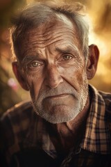 Obraz premium Elderly man with weathered face and deep expressions reflecting life experiences. Portrait captures wisdom, resilience, and stories of aging and time.