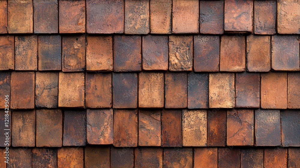 Poster Terracotta roof tiles are meticulously arranged in a seamless pattern, displaying a rich array of earthy colors and textures. This artistic installation evokes a sense of rustic elegance