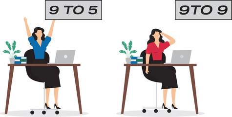 Working 9 to 5 concept illustration, office work routine by working everyday, burnout or work life balance, overwork every day, businesswomen who are tired of working beyond 9 to 5 work hours