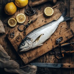 Freshly Caught Fish Wooden Cutting Board with Lemons Rustic Kitchen Culinary Art Close-Up of Seafood Preparation
