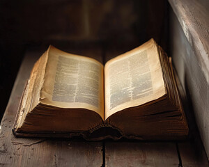 Ancient Book on Wooden Table, Illuminated by Warm Light, Perfect for History and Learning Themes