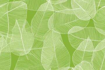 Padrão contínuo (seamless pattern) de folhas estilizadas em tons de verde com linhas delicadas em branco, criado com IA generativa.
