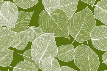 Padrão contínuo (seamless pattern) de folhas estilizadas em tons de verde com linhas delicadas em branco, criado com IA generativa.
