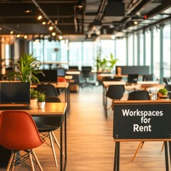 Fototapeta premium Modern Coworking Space with Neatly Arranged Desks Urban Location Office Environment Contemporary Design