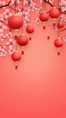 Beautiful Chinese Lanterns Hanging Among Cherry Blossoms on a Soft Pink Background for Celebration and Decoration