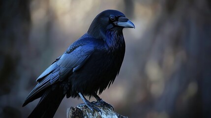 A raven&acirc;&euro;&trade;s beady, jet-black eyes glisten in the twilight, its dark form perched silently, shrouded in an aura of mystique and quiet vigilance.