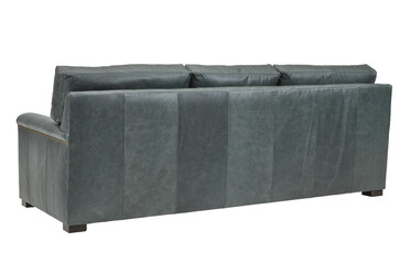 A  leather sofa in a minimalist design with wooden legs + clipping path. The sofa is isolated on a White background.