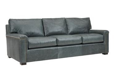 A  leather sofa in a minimalist design with wooden legs + clipping path. The sofa is isolated on a White background.