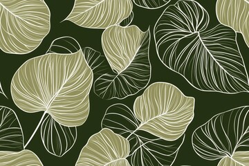 Padrão contínuo (seamless pattern) de folhas estilizadas em tons de verde com linhas delicadas em branco, criado com IA generativa.
