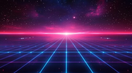 Obraz premium Retro Futuristic Grid Landscape Under a Starry Sky