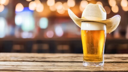 A glass of beer topped with a cowboy hat, set against a blurred bar background with soft, glowing lights.