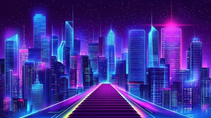 Obraz premium Futuristic city skyline at night with glowing neon stairs.