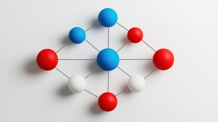 Fototapeta premium Colorful Molecular Structure Representation with Red, Blue, and White Spheres on a Minimalist Background