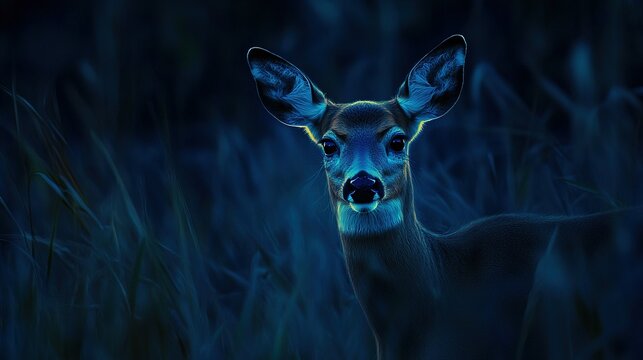 A deer's gentle brown eyes shine softly in the moonlit meadow, the calm and grace of the creature creating a serene yet mysterious image in the night.