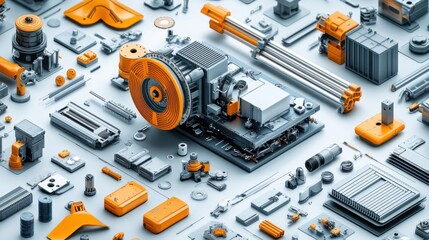 Fototapeta premium A detailed arrangement of mechanical components and tools in orange and gray hues on a workbench