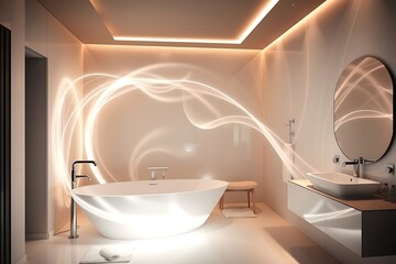 Modern luxury bathroom interior featuring a white bathtub, warm lighting, and wooden accents. Contemporary design