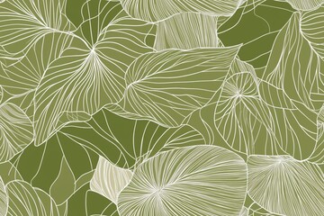 Padrão contínuo (seamless pattern) de folhas estilizadas em tons de verde com linhas delicadas em branco, criado com IA generativa.
