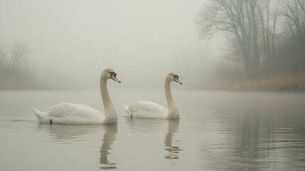 Fototapeta premium Misty lake swans, serene autumn, nature