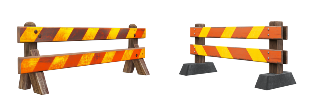 Set of a Stylized construction road barrier with striped orange and yellow panels on wooden legs, isolated on transparent background.