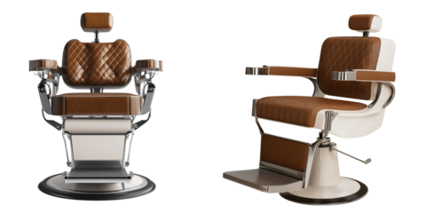 Set of a Barber chair, brown and white color scheme, isolated on transparent background.
