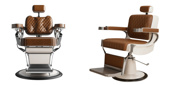 Set of a Barber chair, brown and white color scheme, isolated on transparent background.
