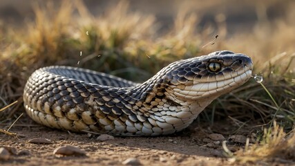 Fototapeta premium Golden Lancehead Snake Amidst Coexisting Flora and Fauna in a Lush Ecosystem