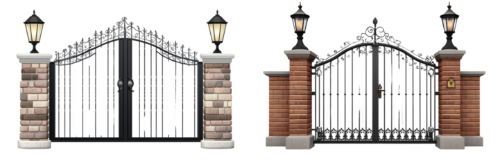  Set of a Black metal gate with brick pillars and lantern, isolated on transparent background.