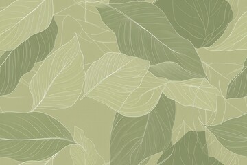 Padrão contínuo (seamless pattern) de folhas estilizadas em tons de verde com linhas delicadas em branco, criado com IA generativa.
