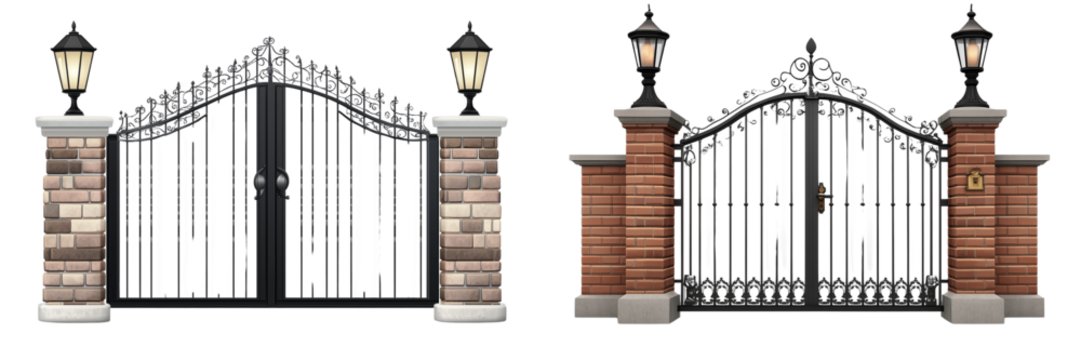  Set of a Black metal gate with brick pillars and lantern, isolated on transparent background.