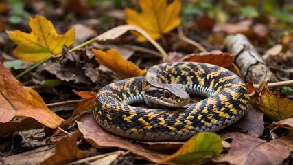Fototapeta premium Sunlit Golden Lancehead Snake Resting on Rock with Shadows Highlighting Its Striking Form